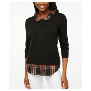 J. CREW FACTORY Woven-Collar Sweater in Black Stuart Combo Size Women's Medium